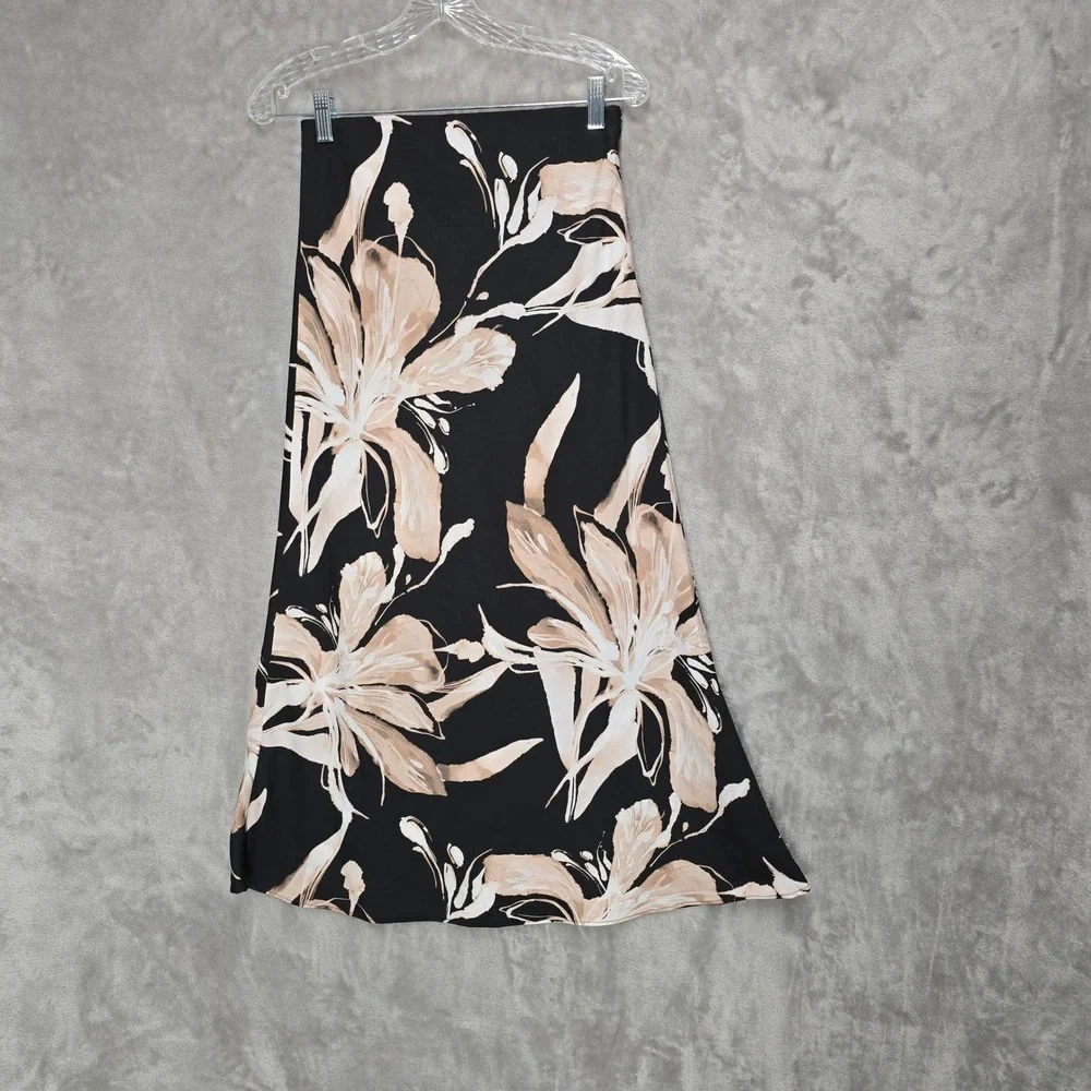 Gracia Maxi Skirt Women M Black Floral Satin Side Zip Boho Resort Minimalist‎